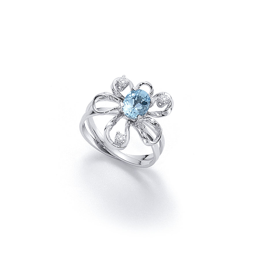 Aquamarine and Diamond Flower Ring